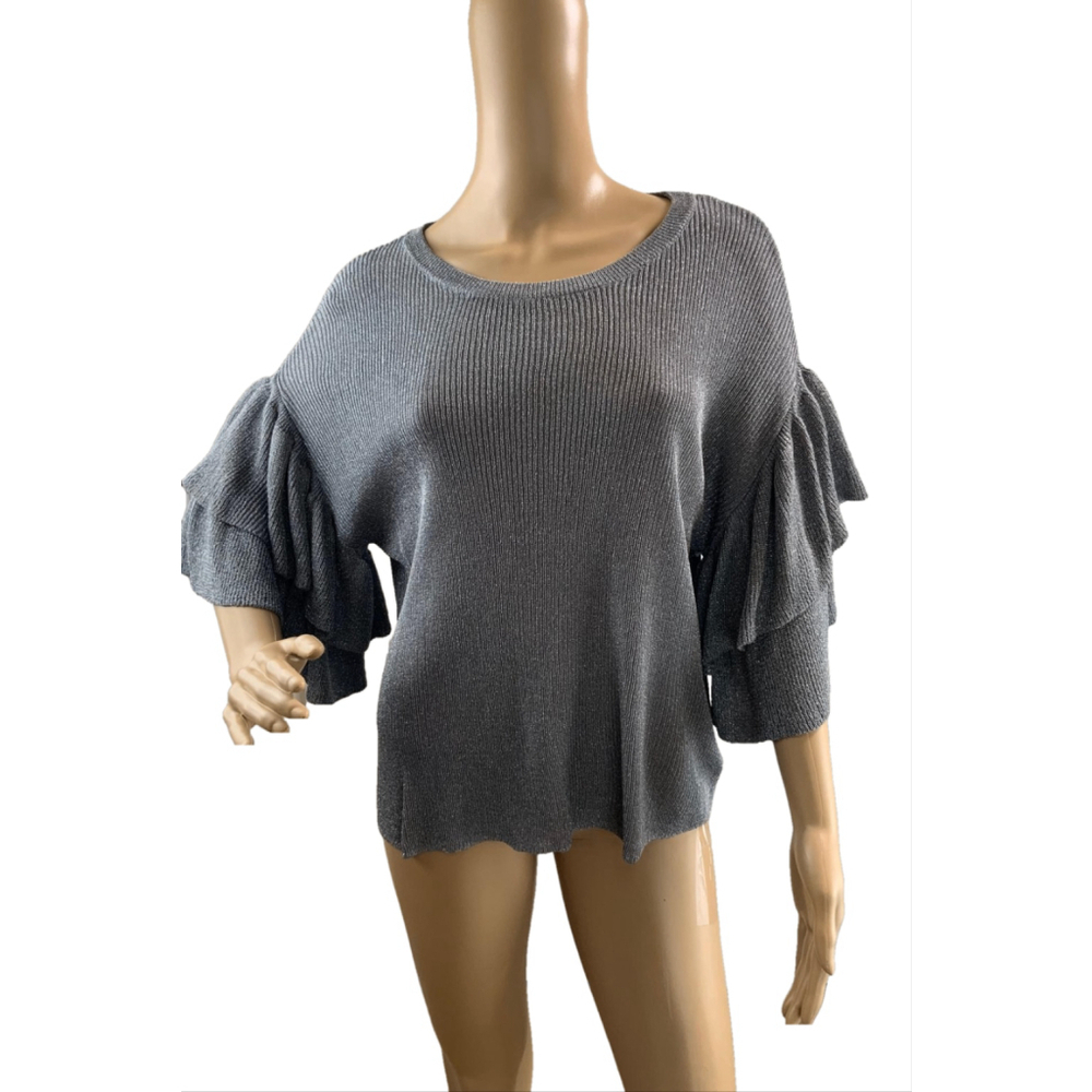 H&M Women's Metallic Gray Ribbed Knit Top 3/4 Ruffle Sleeves Size Med‎ Y2K Glam